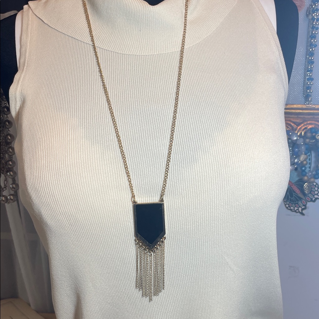 Elegant Black Enamel And Gold Tone Pendant Necklace With Chain Dangles